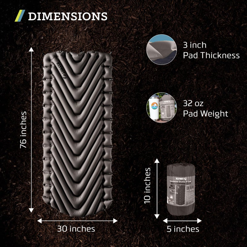 Klymit Static V Luxe Sleeping Pad, Lightweight Lofted Camping Air Mattress for Tents and Cars with Body Mapping Tech, 3 In Thick Grey - Image 4